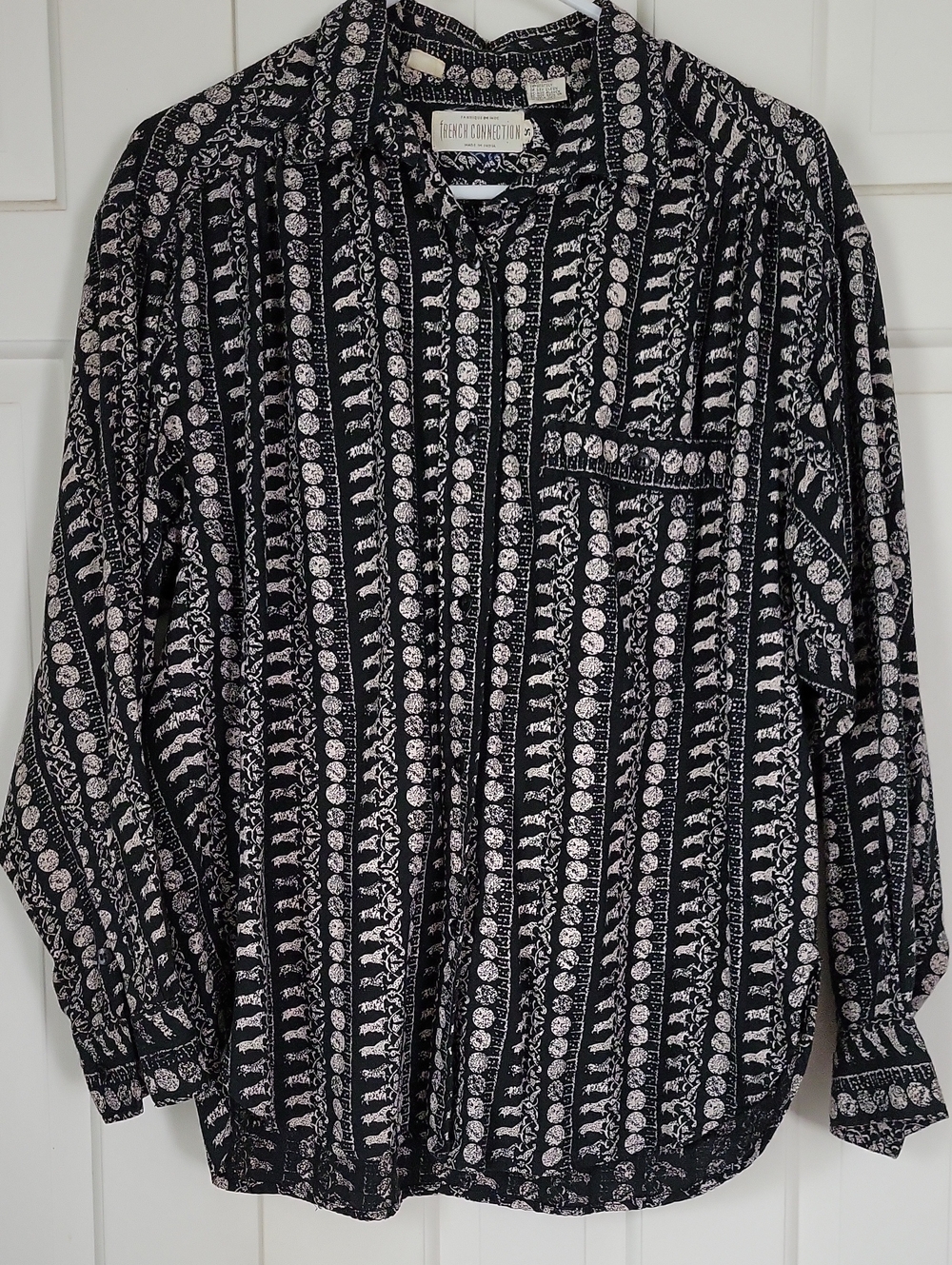 French Connection Vintage Black Cream Printed Womens Button-Down Shirt Sz S